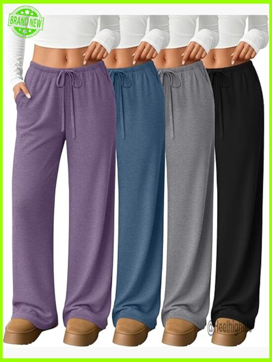 Pants - 4 Pack Women's Wide Leg Lounge Pants Drawstring Sweatpants Pockets Comfy